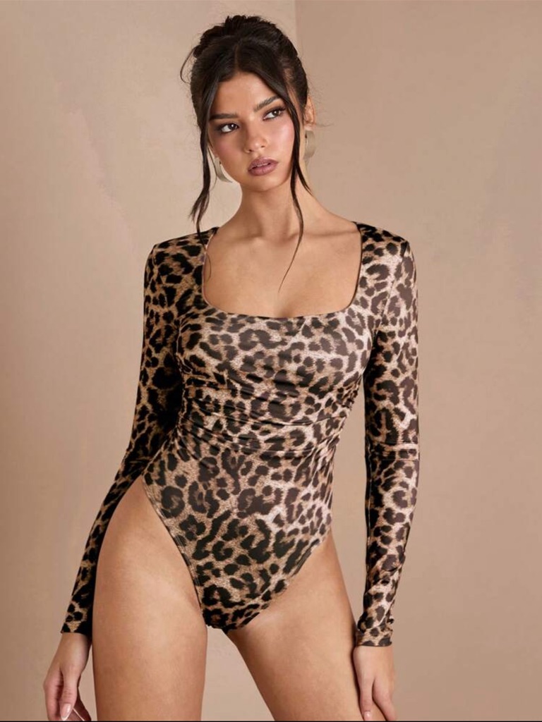 Shein Leopard Print Long Sleeve Square Neck Bodysuit - Brown